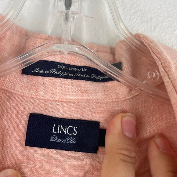 Lincs David Chu 100% Linen Peach Button Up SS shirt Men's Large - Picture 6 of 12